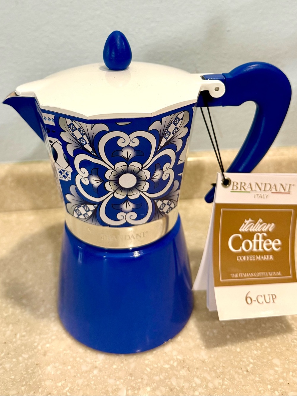 Brandani Blue Floral 6-Cup Italian Aluminum 
Coffee Maker